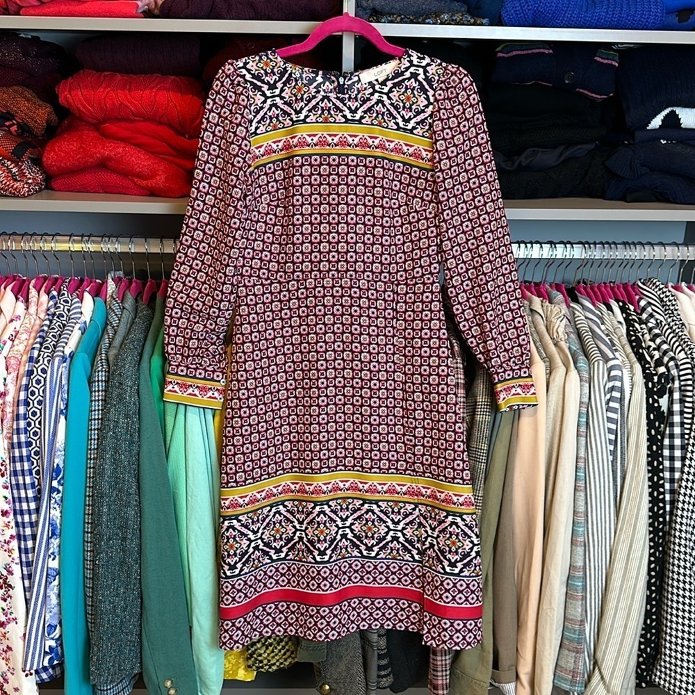Loft red/tan/black/white print long sleeve crew neck midi dress size 2P